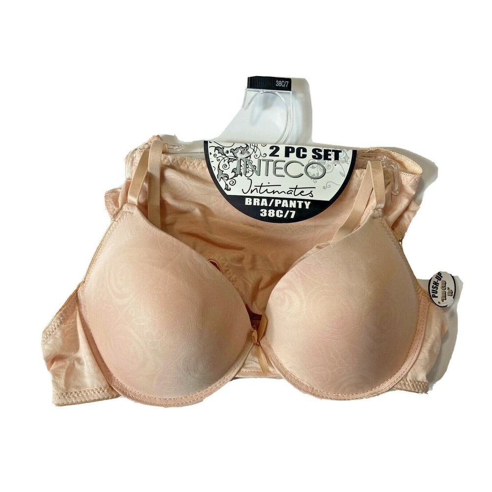 Bra Panty Set Beige Size: 38C/7 Inteco Intimates Underwired Floral Design